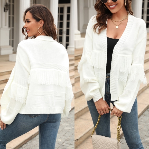 Fringe Trim Open Front Cardigan - White